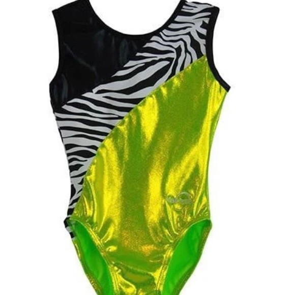 NWT O3GL052 Obersee Gymnastics Leotard One-Piece Athletic Lime Zebra CXS - Picture 1 of 11